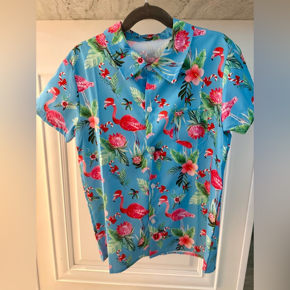 Youth Tropical Hawaiian Christmas Flamingo Shirt Size 8/10